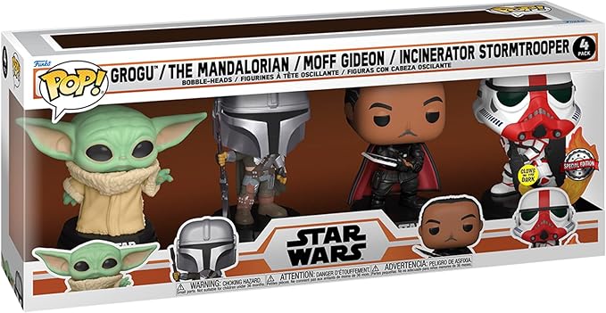 Funko Pop! Star Wars – The Mandalorian 4-Pack (Grogu, Moff Gideon, Incinerator Stormtrooper, Mandalorian) – Glow in the Dark – Special Edition
